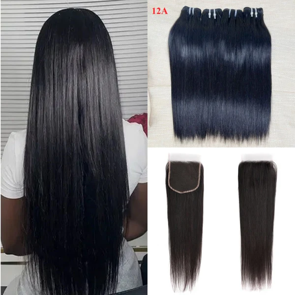 Home silky straight hair 3 bundles with 4x4 lace closure human hair bundles