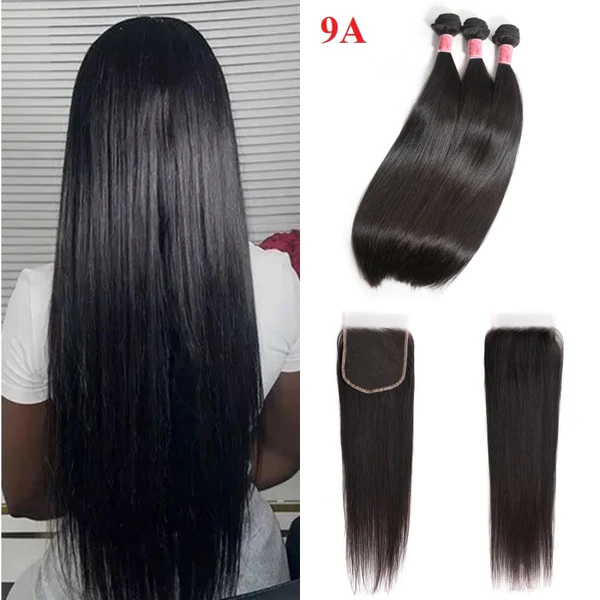 Home silky straight hair 3 bundles with 4x4 lace closure human hair bundles